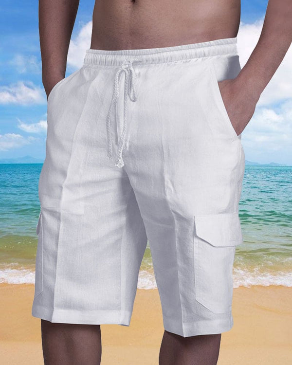 Witte linnen korte broek voor heren op strand, met zakken en trekkoord, zomermode, casual strandkleding, comfortabele pasvorm.