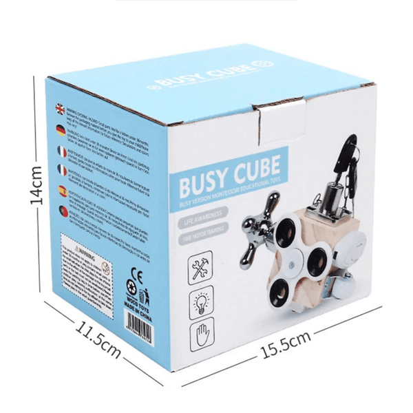 Montessori Busy Cube speelgoeddoos, 15,5x14x11,5 cm, educatief speelgoed voor kinderen, blauw-witte verpakking, meertalige instructies.