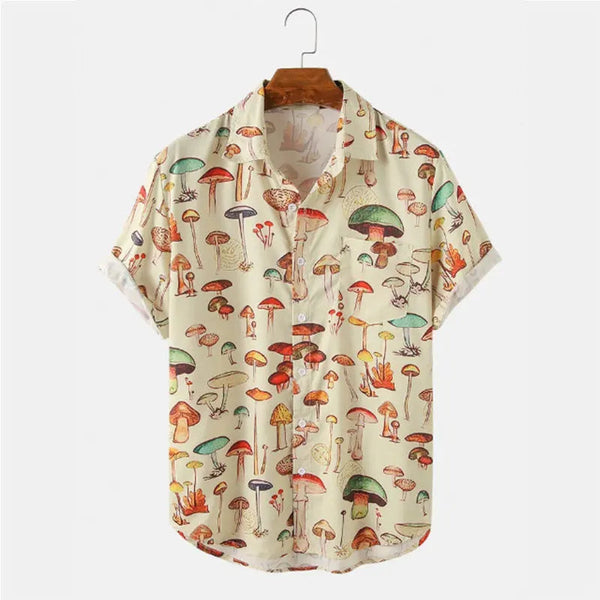 Korte mouw overhemd met kleurrijke paddenstoelenprint, casual stijl, herenmode, biologisch katoen, trendy design, zomercollectie.