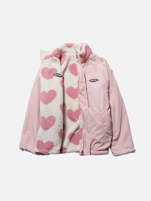 Roze damesjas met hartjesprint voering, warme winterjas, trendy mode, comfortabele pasvorm, ideaal voor koude seizoenen, stijlvol en functioneel.