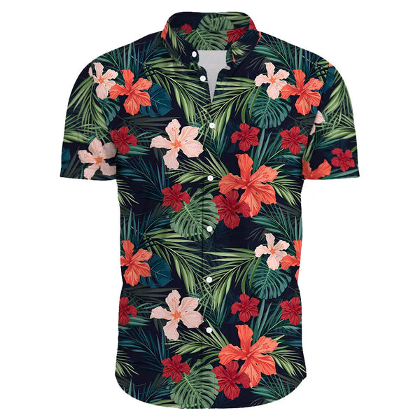 Heren Hawaii overhemd met korte mouwen, tropische bloemenprint in rood, roze en groen op een zwarte achtergrond. Perfect voor zomerse casual outfits.