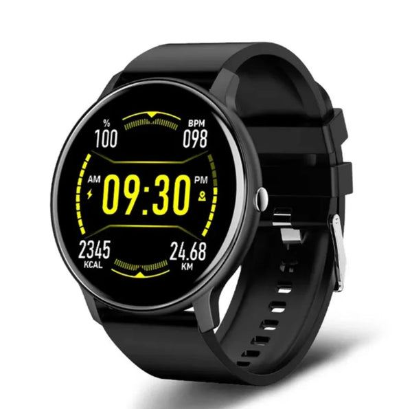Zwarte smartwatch met rond display, gele digitale tijdsaanduiding, hartslagmeter en stappenteller. Ideaal voor fitness en gezondheidstracking.
