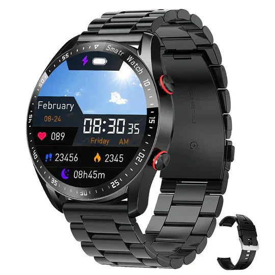 Zwarte smartwatch met metalen band, kleurenscherm, datum- en tijdweergave, hartslagmeter en stappenteller. Ideaal voor fitness en gezondheid.