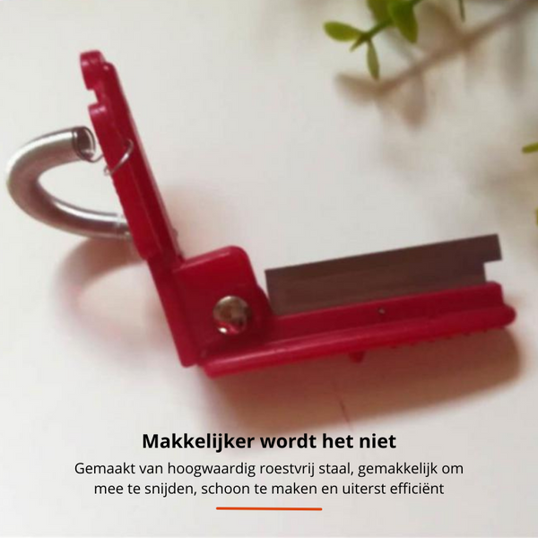 Rode roestvrijstalen snijder met haak, ideaal voor efficiënt snijden en schoonmaken. Hoogwaardige kwaliteit, gebruiksvriendelijk en duurzaam.