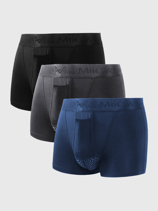 Drie herenboxershorts in zwart, grijs en blauw, gemaakt van ademend katoen met comfortabele tailleband. Perfecte pasvorm voor dagelijks gebruik.