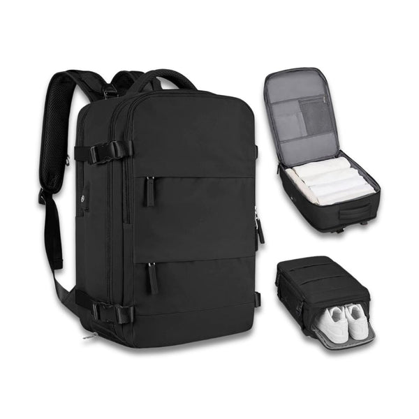 Zwarte multifunctionele rugzak met meerdere vakken, inclusief schoenencompartiment en opbergruimte voor kleding. Ideaal voor reizen en dagelijks gebruik.