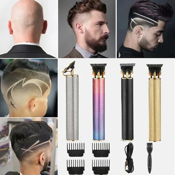 Professionele tondeuse set met vier opzetstukken, USB-oplaadkabel en reinigingsborstel. Geschikt voor trendy kapsels en haarontwerpen.