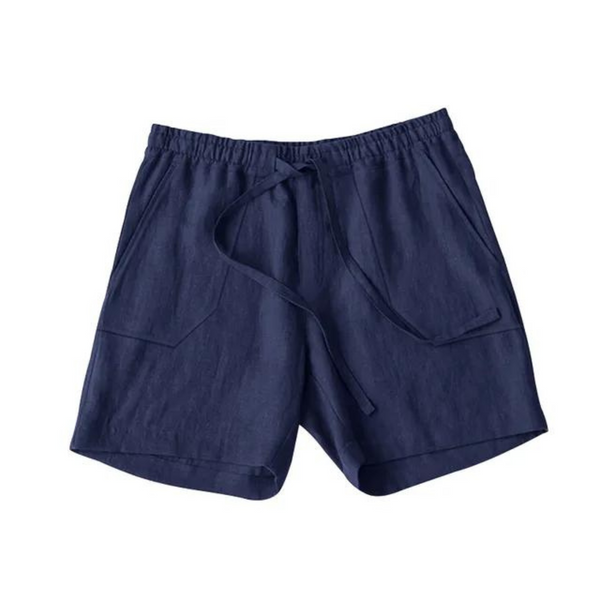 Donkerblauwe linnen korte broek met elastische tailleband en trekkoord, casual zomerstijl voor heren, comfortabele pasvorm, ademend materiaal.