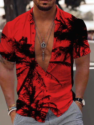 Rode herenoverhemd met palmbomenprint, korte mouwen en open kraag. Perfect voor zomermode, casual strandkleding en tropische stijl.