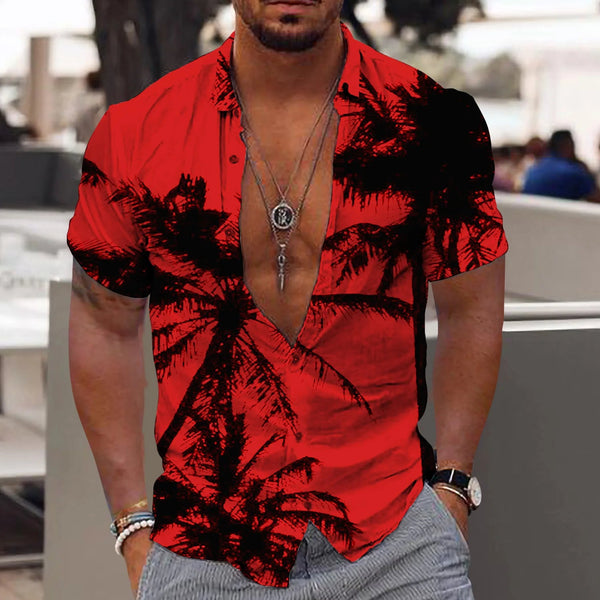 Rode herenoverhemd met palmbomenprint, korte mouwen en open kraag. Perfect voor zomermode, casual strandkleding en tropische stijl.