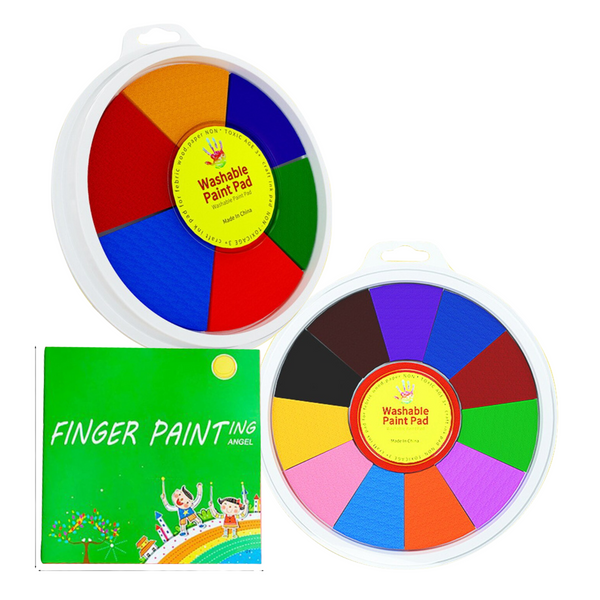 Twee ronde wasbare vingerverfsets met kleurrijke segmenten en een groen boekje voor vingerverven. Ideaal voor creatieve kinderactiviteiten.