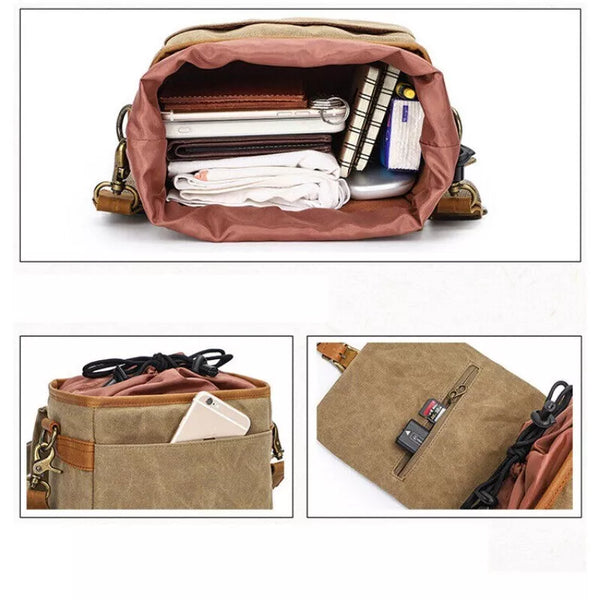 Canvas schoudertas met meerdere vakken, ideaal voor reizen. Inclusief ruimte voor boeken, telefoon, en SD-kaarten. Stijlvol en functioneel ontwerp.