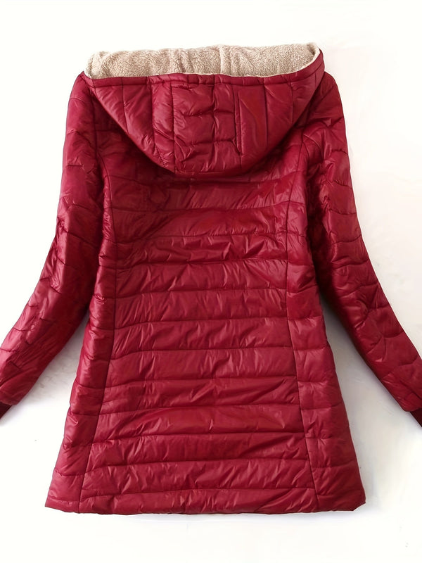Rode gewatteerde damesjas met capuchon, winterjas, lange mouwen, warme voering, modieuze en comfortabele buitenkleding voor koude seizoenen.
