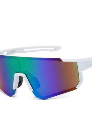Witte sportzonnebril met gepolariseerde, kleurrijke lenzen, ideaal voor fietsen en outdoor activiteiten. Bescherming tegen UV-straling.