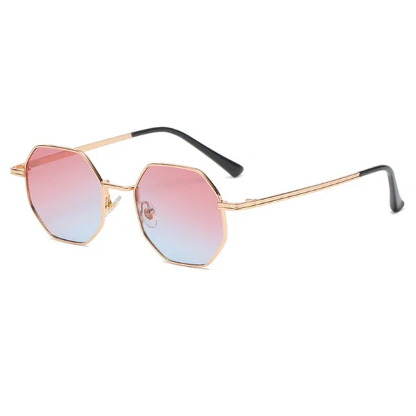 Vintage polygonale zonnebril voor dames met metalen frame, roze-blauwe lenzen. Trendy retro design, ideaal voor rijden en reizen in 2024.