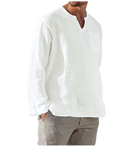 Witte linnen herenoverhemd met lange mouwen en V-hals, casual stijl. Ideaal voor zomerse dagen. Comfortabel en ademend materiaal.