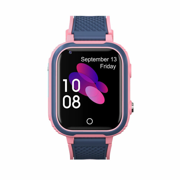 Roze en blauwe smartwatch met rechthoekig scherm, datum en tijdweergave. Ideaal voor kinderen, waterdicht en met GPS-functie.