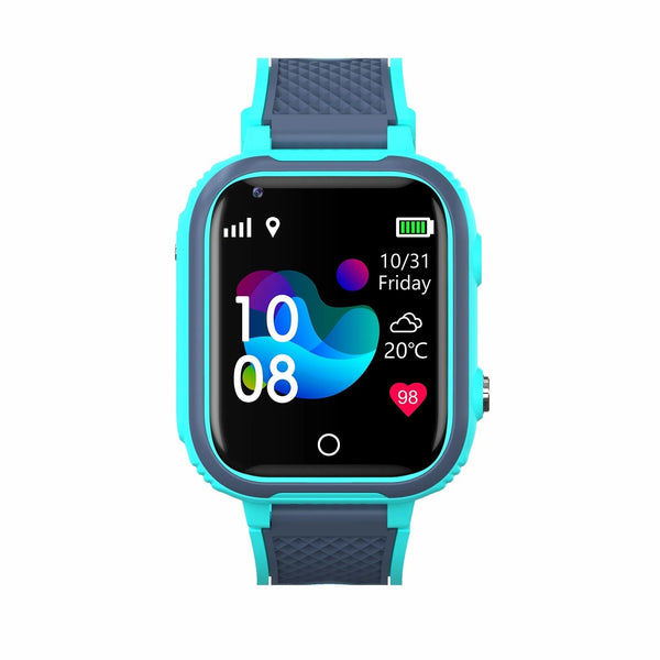Blauwe smartwatch met rechthoekig scherm, toont tijd, datum, weer en hartslag. Geschikt voor fitness en dagelijks gebruik. Modern design.