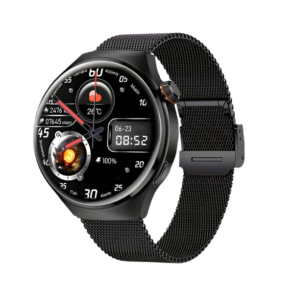 Zwarte smartwatch met ronde wijzerplaat, digitale tijdsaanduiding, hartslagmeter en weersvoorspelling. Moderne technologie, stijlvol design.