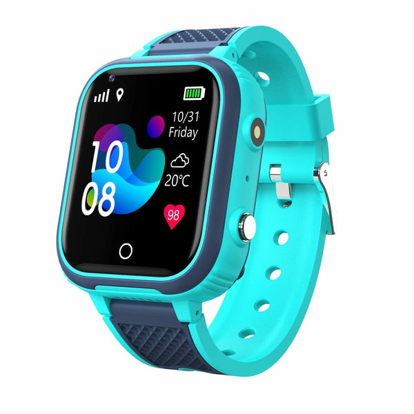 Blauwe smartwatch met rechthoekig scherm, hartslagmeter en weerweergave. Ideaal voor fitness en dagelijks gebruik. Modern design, hoge resolutie.
