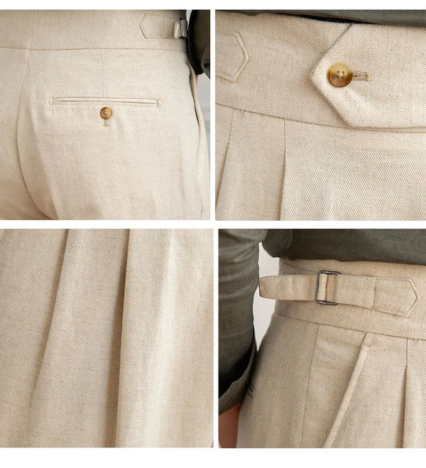 Beige linnen broek met plooien, knoopdetails en verstelbare tailleband. Stijlvolle herenmode, ideaal voor casual en formele gelegenheden.