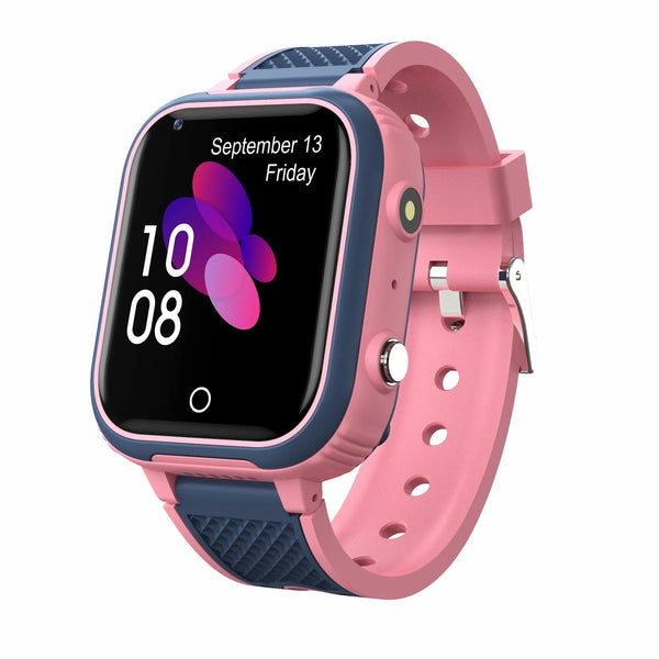 Roze en blauwe smartwatch met touchscreen, datumweergave en siliconen band. Ideaal voor kinderen, met kleurrijk ontwerp en gebruiksvriendelijke interface.