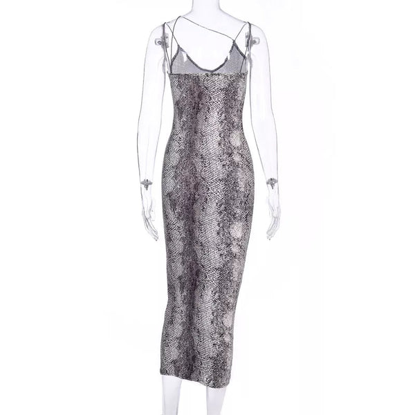 Slangenprint maxi-jurk met spaghetti bandjes, elegante avondjurk, trendy damesmode, perfect voor feestjes en speciale gelegenheden.