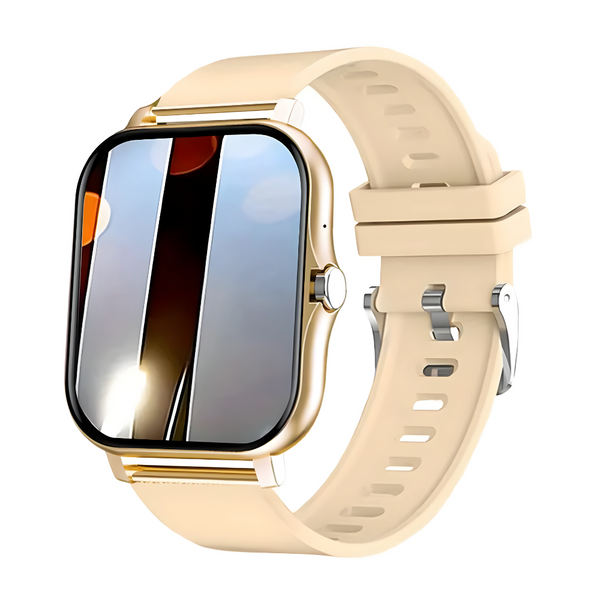 Beige smartwatch met goudkleurige behuizing en reflecterend scherm, siliconen band, modern design. Ideaal voor fitness en dagelijkse activiteiten.