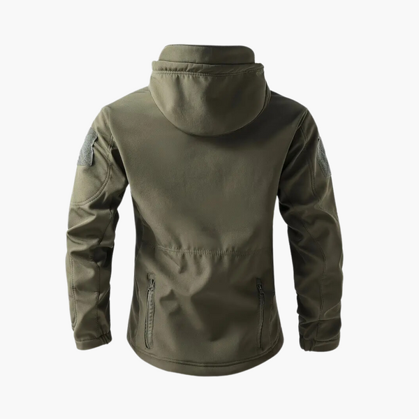 Olijfgroene tactische jas met capuchon, waterafstotend, ademend, geschikt voor outdooractiviteiten. Ideaal voor wandelen en kamperen.
