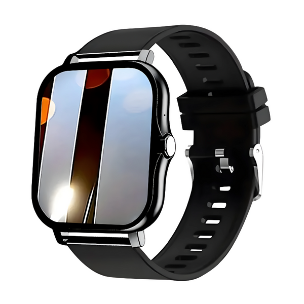 Zwarte smartwatch met rechthoekig scherm en siliconen band, weerspiegelt licht. Modern design, geschikt voor fitness en dagelijkse activiteiten.