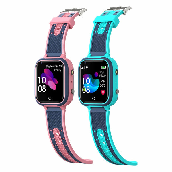 Twee kleurrijke smartwatches met siliconen bandjes, roze en blauw, tonen datum en tijd. Ideaal voor kinderen, waterdicht en met touchscreen.