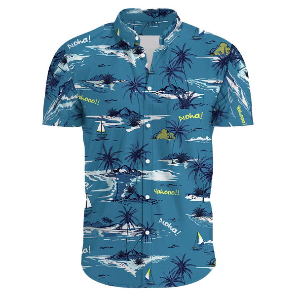 Blauw Hawaïaans overhemd met korte mouwen, palmbomen en zeilbootprint. Perfect voor zomerse stranddagen en tropische vakanties.