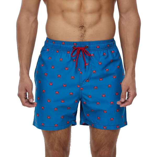 Blauwe zwembroek met rode krabbenprint voor heren, elastische tailleband en trekkoord. Perfect voor strand en zwembad. Modieuze zwemkleding.