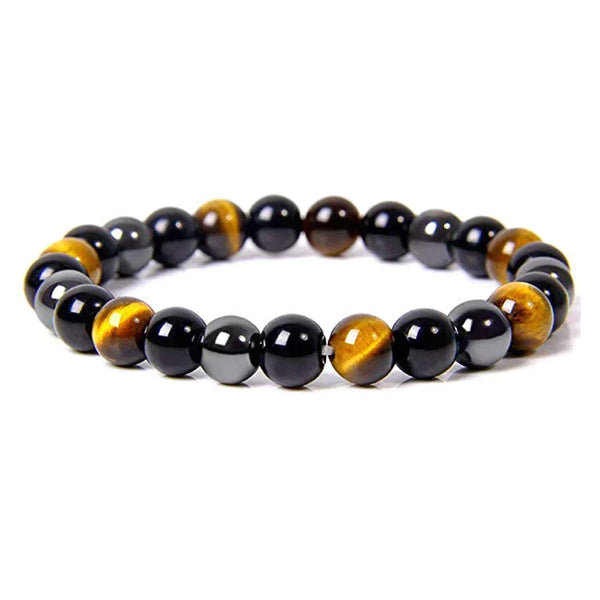 Tijgeroog en zwarte onyx armband, elastisch, ronde kralen, edelstenen sieraden, unisex design, spirituele betekenis, polsaccessoire.