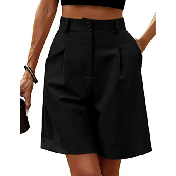 Zwarte damesbermuda met hoge taille, knoopsluiting en steekzakken. Stijlvolle korte broek voor zomeroutfits, ideaal voor casual en formele gelegenheden.