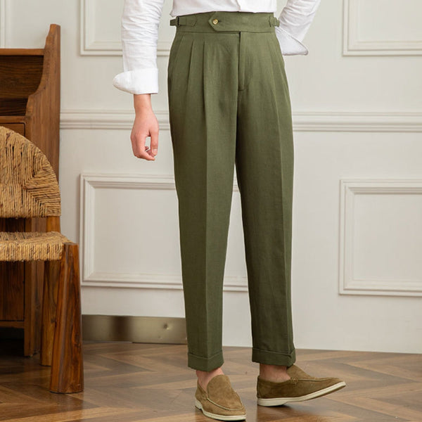 Groene linnen broek voor heren, hoge taille, geplooid ontwerp, casual stijl, perfect voor lente en zomer, comfortabele pasvorm, modieuze herenkleding.