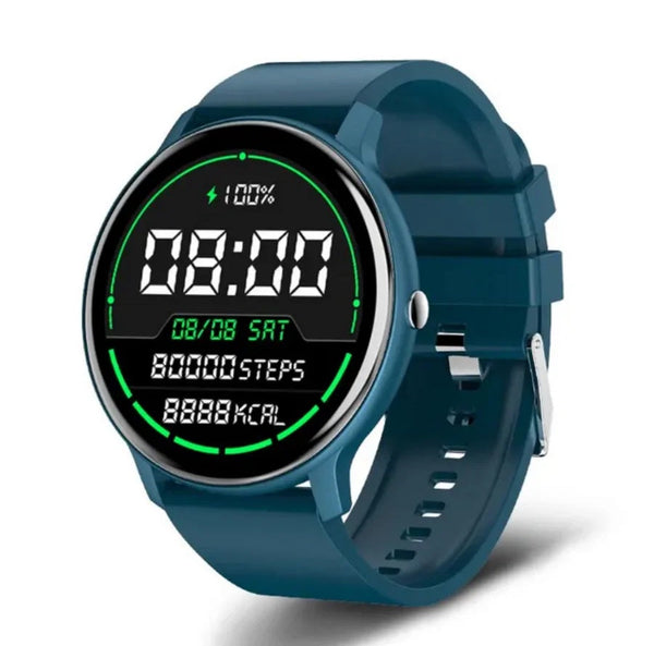 Blauwe smartwatch met digitaal display, toont tijd, datum, stappen en calorieën. Modern ontwerp, ideaal voor fitness en gezondheidstracking.