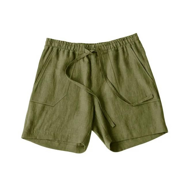 Olijfgroene linnen shorts met elastische tailleband en trekkoord, ideaal voor zomermode. Comfortabele en stijlvolle dameskleding.