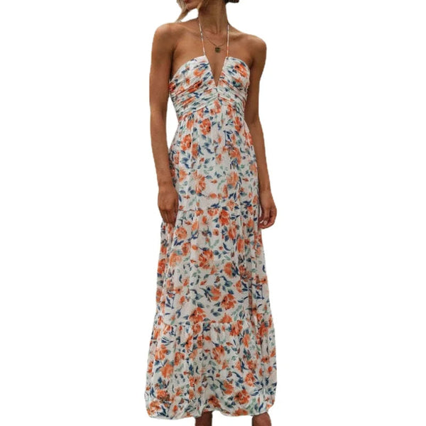 Strapless maxi-jurk met bloemenprint, oranje en blauwe bloemen, zomermode, casual dameskleding, elegante strandjurk, bohemian stijl.