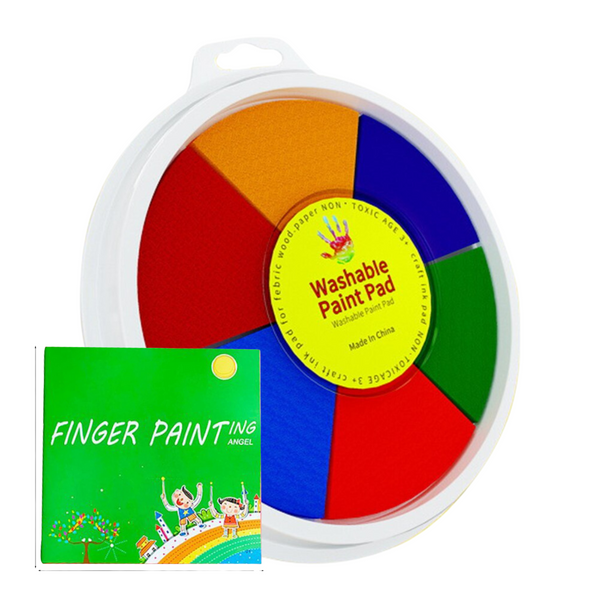 Wasbare vingerverf set met vijf kleuren: rood, blauw, groen, geel en oranje. Ideaal voor kinderen, niet-giftig en gemakkelijk afwasbaar.