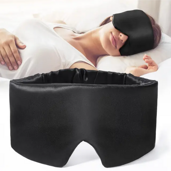 Zwarte slaapmasker van zijde, comfortabel en lichtgewicht, ideaal voor een goede nachtrust en ontspanning. Perfect voor reizen en thuisgebruik.