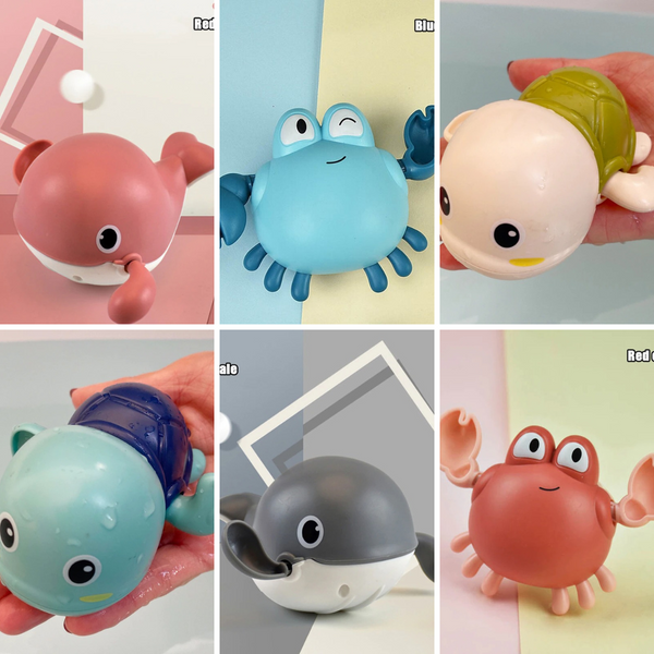 Zes kleurrijke badspeeltjes in de vorm van dieren, waaronder een krab, schildpad en walvis, ideaal voor kinderen. Bad speelgoed, kindvriendelijk, waterpret.