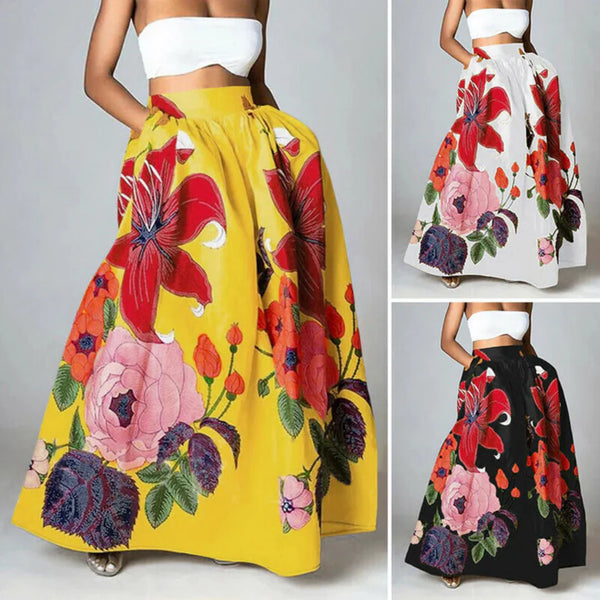 Vrouw in strapless top met lange, gele rok met kleurrijke bloemenprint. Modieuze dameskleding, bohemian stijl, zomeroutfit.