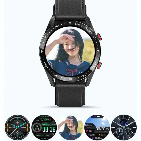 Zwarte smartwatch met ronde wijzerplaat, toont foto van vrouw. Inclusief verschillende wijzerplaatopties. Moderne technologie, stijlvol design.