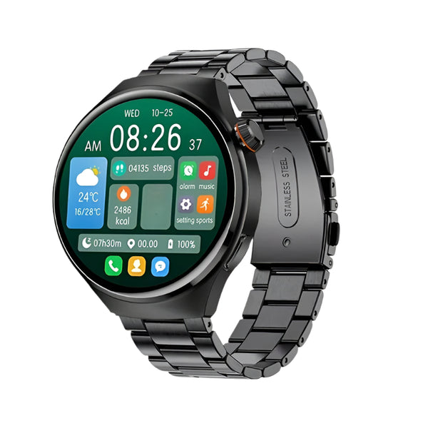 Stijlvolle zwarte smartwatch met roestvrijstalen band, ronde wijzerplaat, kleurrijk touchscreen, gezondheids- en fitnessapps, datum- en tijdweergave.