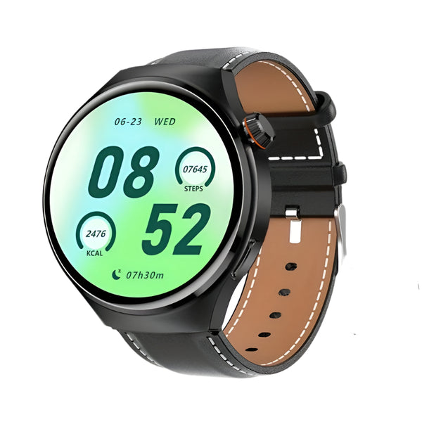 Moderne zwarte smartwatch met leren band, toont datum, tijd, stappen en calorieën. Ideaal voor fitness en gezondheidstracking.
