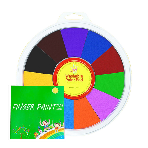 Wasbare vingerverf set met 12 kleurrijke verfblokken, ideaal voor kinderen. Inclusief groen boekje "Finger Painting" voor creatieve kunstprojecten.