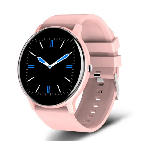 Roze smartwatch met ronde wijzerplaat, blauwe en witte wijzers, siliconen band. Stijlvol horloge voor dames, modieus en functioneel.