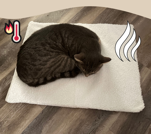Slapende kat op verwarmd wit fleece kussen op houten vloer, met warmte- en temperatuuriconen. Comfortabel huisdierbed voor katten.
