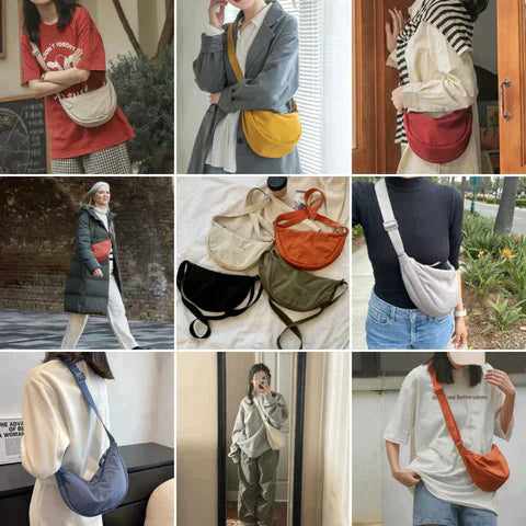 Afbeelding van diverse modieuze crossbody tassen in verschillende kleuren en stijlen, gedragen door modellen. Trendy accessoires voor dagelijks gebruik.
